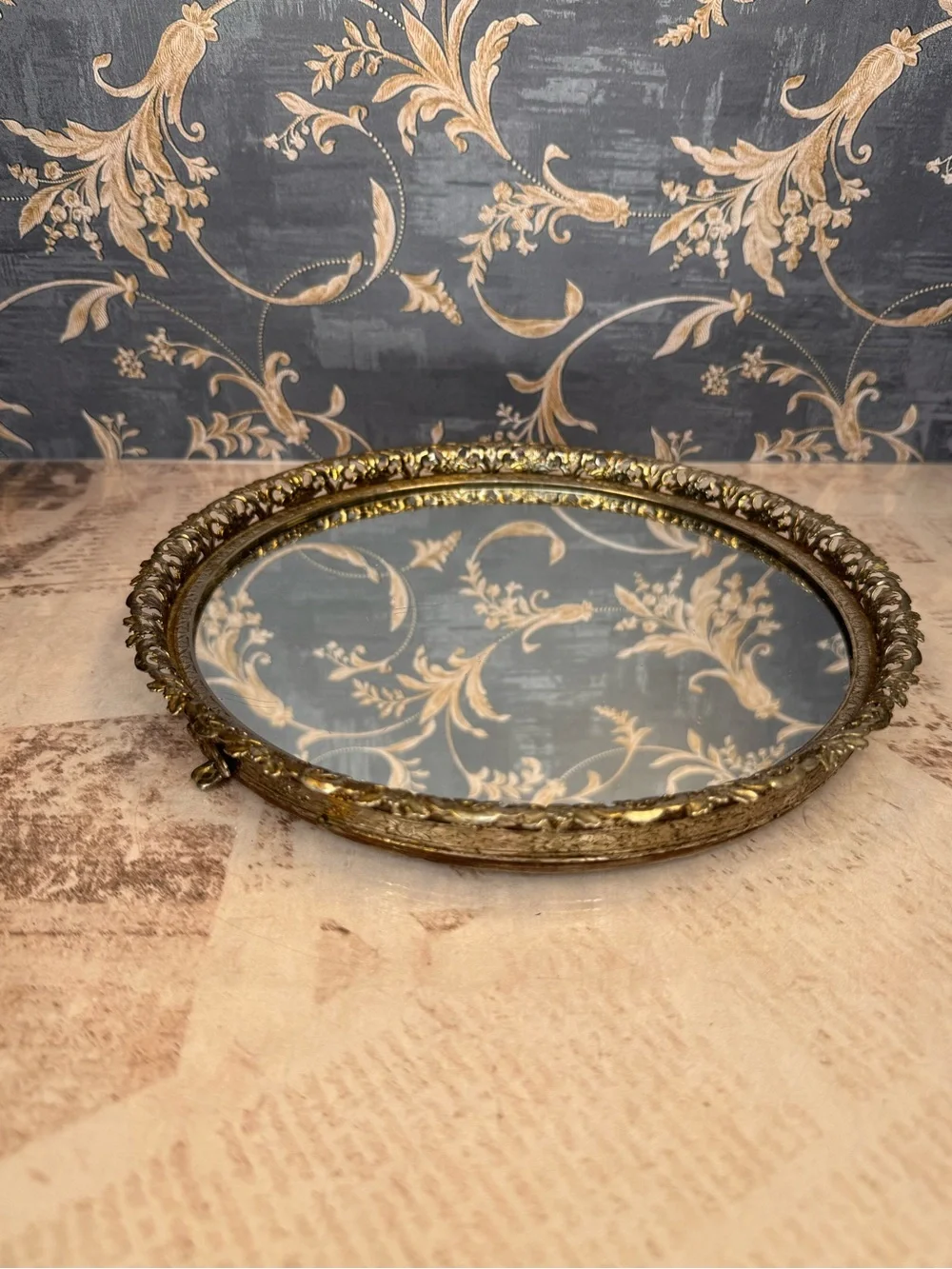 Vintage Round Gold Filigree Mirrored Vanity Tray Hollywood Regency 9 Inch